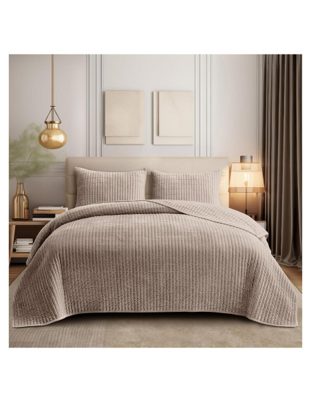 Colcha King SHALALA de Terciopelo Ligero Rayas Taupe