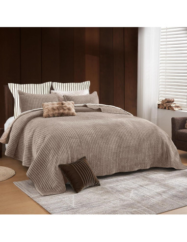 Colcha King SHALALA de Terciopelo Ligero Rayas Taupe