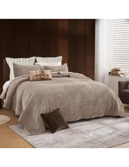 Colcha King SHALALA de Terciopelo Ligero Rayas Taupe