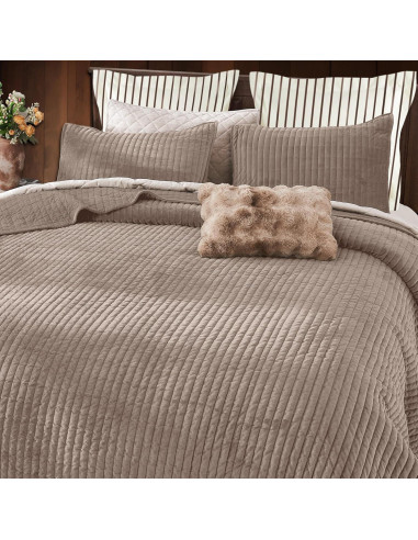 Colcha King SHALALA de Terciopelo Ligero Rayas Taupe