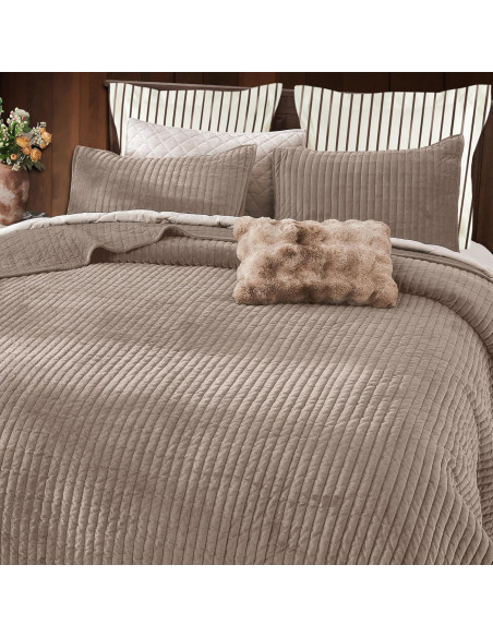 Colcha King SHALALA de Terciopelo Ligero Rayas Taupe