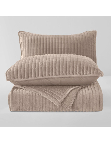 Colcha King SHALALA de Terciopelo Ligero Rayas Taupe