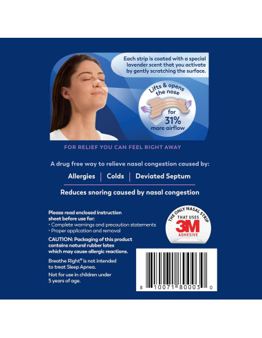 Tiras Nasales Breathe Right Aroma Lavanda 26 Piezas Alivio Congestión