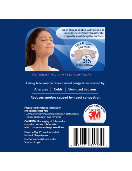 Tiras Nasales Breathe Right Aroma Lavanda 26 Piezas Alivio Congestión