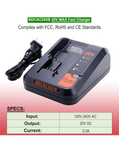 Cargador de Batería 20V Black & Decker BDCAC202B 2A Carga Rápida 2