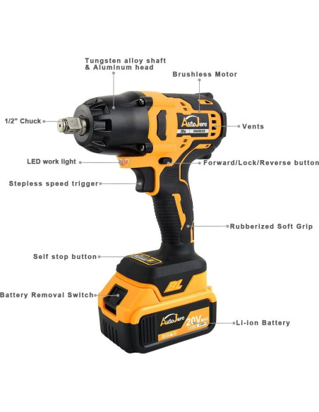 Llave de impacto inalámbrica AUTOJARE 20V 650N.m 3 en 1