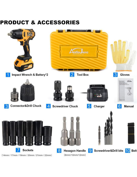 Llave de impacto inalámbrica AUTOJARE 20V 650N.m 3 en 1