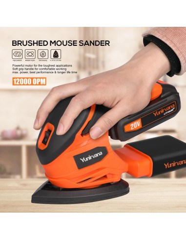 Lijadora Inalámbrica Yunirvana 20V 1.3Ah con 20 Papeles de Lija