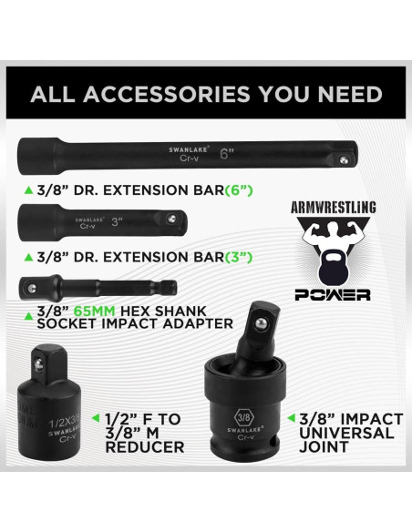 Juego de Enchufes de Impacto SWANLAKE 50 Piezas 3/8" Drive