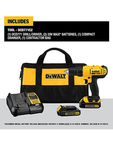 Taladro Inalámbrico DEWALT 20V Compacto con 21 Brocas