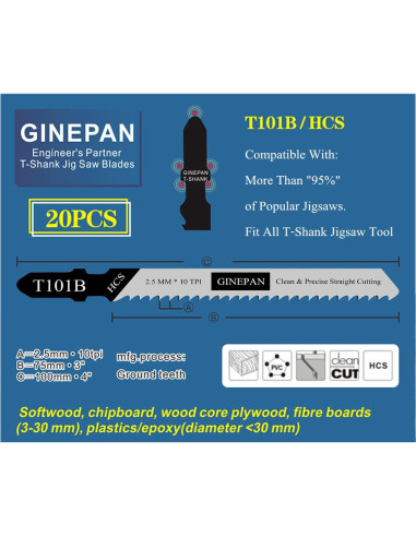 Hoja de sierra de calar GINEPAN T101B 20PCS con estuche