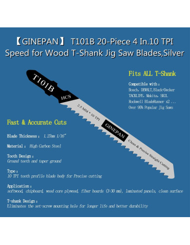 Hoja de sierra de calar GINEPAN T101B 20PCS con estuche