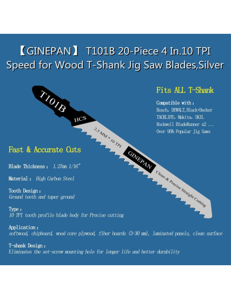 Hoja de sierra de calar GINEPAN T101B 20PCS con estuche