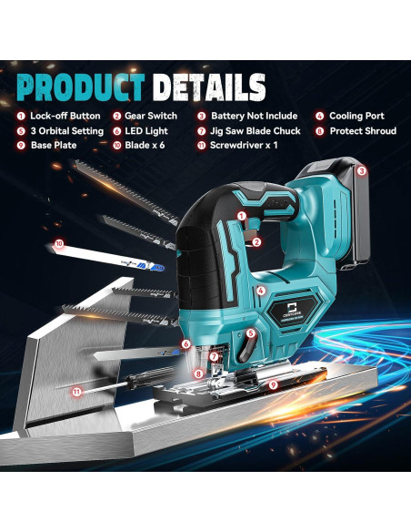 Sierra de calar Cerycose 18V sin cable, motor sin escobillas