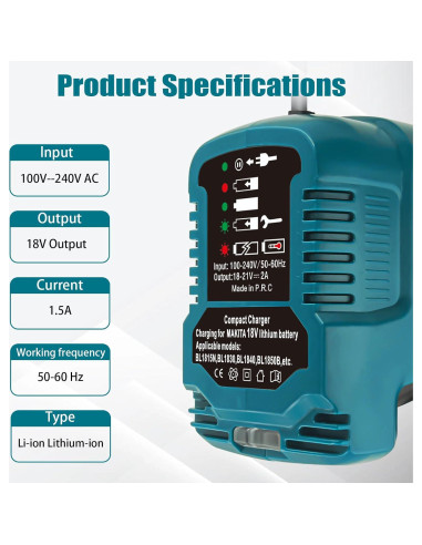 Cargador Rápido UNIKI para Batería Makita 18V BL1850