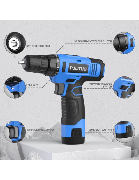 Taladro Inalámbrico PULITUO 12V con Batería y Accesorios