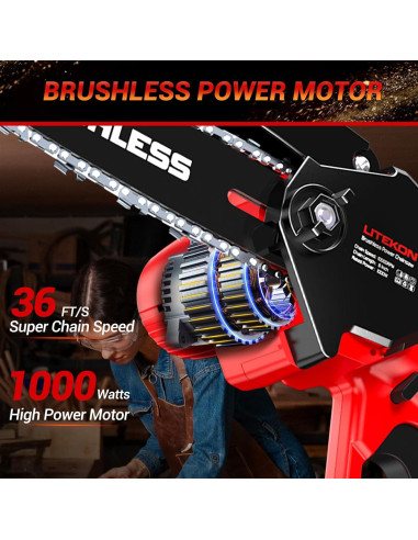 Mini Motosierra Litekon 1000W 6" Batería 2000mAh Rojo