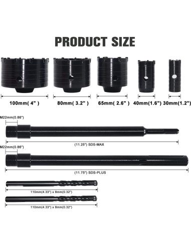 Kit de Brocas de Concreto DEHUIWI 9PCS 30-100mm SDS Plus