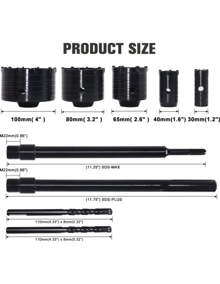 Kit de Brocas de Concreto DEHUIWI 9PCS 30-100mm SDS Plus