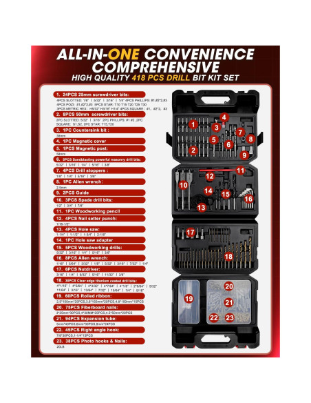 Juego de Brocas KingTool 418 Piezas para Madera y Metal