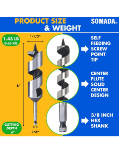 Broca de Auger SOMADA 3.81 cm x 20.32 cm para Madera 2