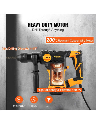Martillo Perforador VEVOR 1500W SDS-Plus 3,18 cm Vel. Variable