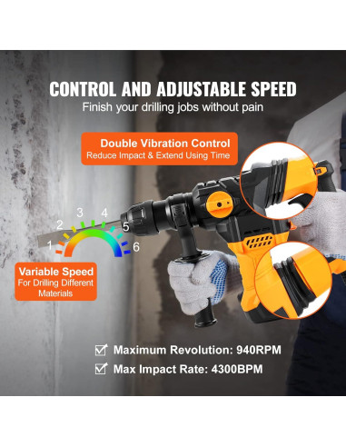 Martillo Perforador VEVOR 1500W SDS-Plus 3,18 cm Vel. Variable