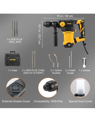 Martillo Perforador VEVOR 1500W SDS-Plus 3,18 cm Vel. Variable