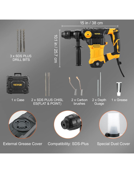 Martillo Perforador VEVOR 1500W SDS-Plus 3,18 cm Vel. Variable