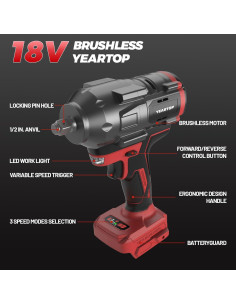 Llave de impacto inalámbrica 1/2" YEARTOP 1200 Nm 18V 2