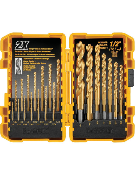 Juego de Brocas DEWALT 21 Piezas Nitruro de Titanio Punta Piloto