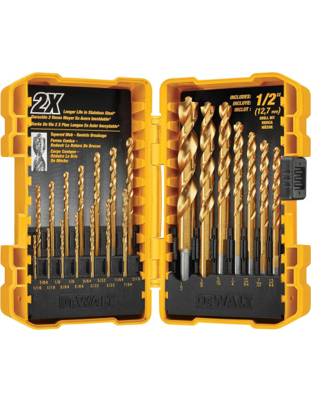 Juego de Brocas DEWALT 21 Piezas Nitruro de Titanio Punta Piloto