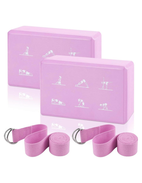 Juego de 2 Bloques de Yoga y Correa FHDUSRYO Rosa EVA 23x15x7.6cm