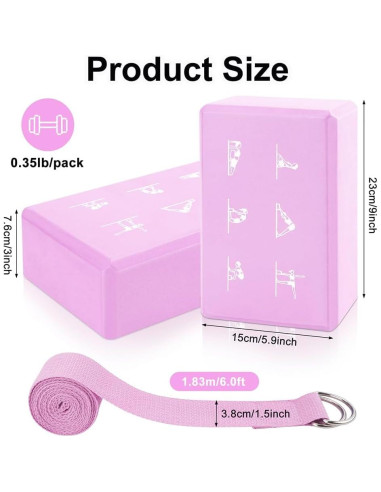 Juego de 2 Bloques de Yoga y Correa FHDUSRYO Rosa EVA 23x15x7.6cm