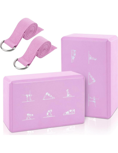 Juego de 2 Bloques de Yoga y Correa FHDUSRYO Rosa EVA 23x15x7.6cm