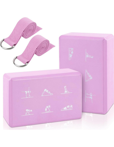 Juego de 2 Bloques de Yoga y Correa FHDUSRYO Rosa EVA 23x15x7.6cm