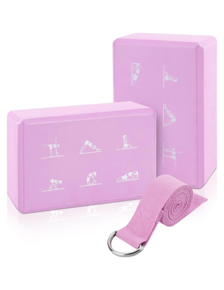 Juego de 2 Bloques de Yoga y Correa FHDUSRYO Rosa EVA 23x15x7.6cm