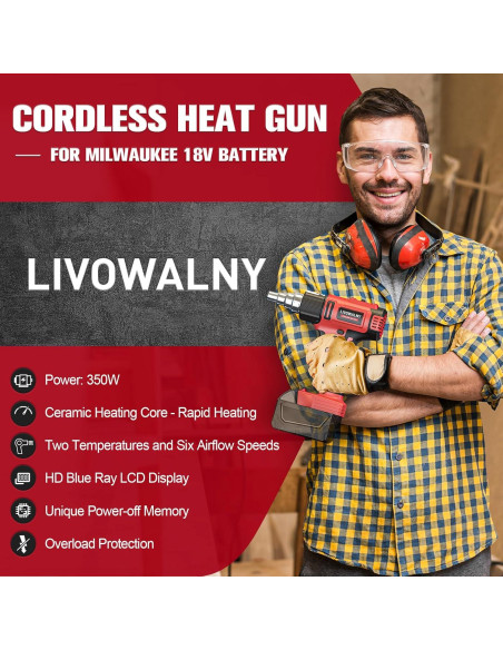 Pistola de Calor Inalámbrica LIVOWALNY 18V 350W LCD 550C