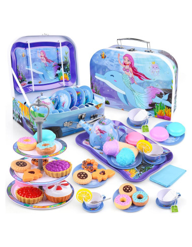 Juego de té Auney para niñas 36 piezas con estuche rosa