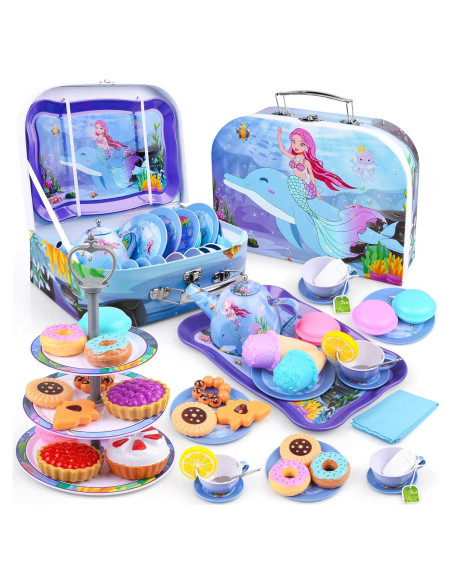 Juego de té Auney para niñas 36 piezas con estuche rosa