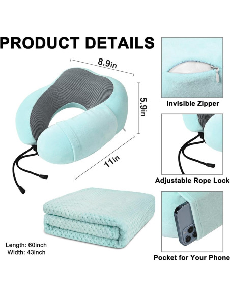 Juego de Almohada y Manta de Viaje Urnexttour Azul Verde