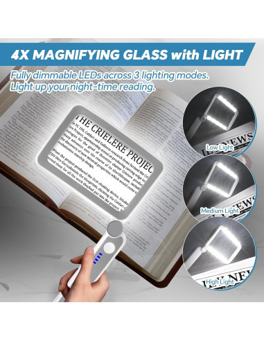 Lupa de Lectura Milerong 4X con Luz LED Recargable Grande