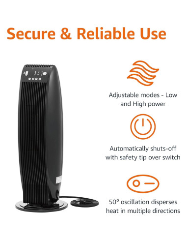 Calefactor de Torre Oscilante Amazon Basics 1500W con Control Remoto