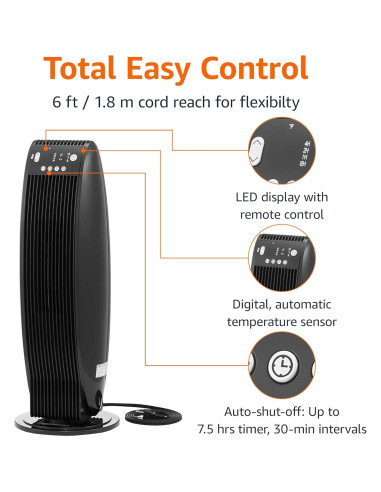 Calefactor de Torre Oscilante Amazon Basics 1500W con Control Remoto