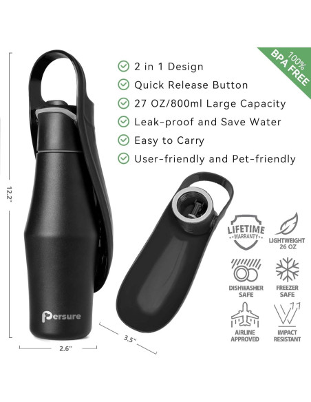 Botella de Agua para Perros Persure 800 ml Negra a Prueba de Fugas