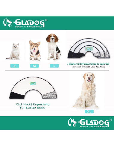 Collar de Cono Suave GLADOG 3 PCS Ajustable para Perros y Gatos
