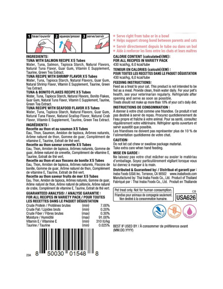 Golosinas para Gatos INABA Churu 20 Tubos 0.5 Onzas Mariscos