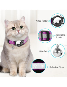 Collar para Gato AgoumLux XS Morado Reflectante con Soporte AirTag 2