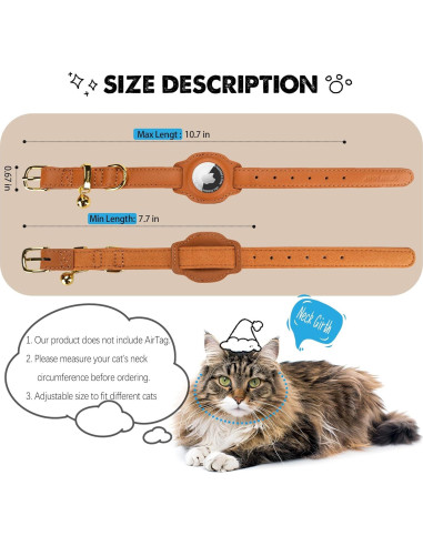 Collar para Gato AirTag Jowlroel Cuero Marrón Claro 33cm