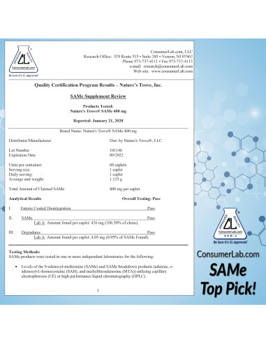 Suplemento SAM-e Nature's Trove 400mg 30 Tabletas Veganas